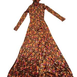 70s vintage boho rare floral Youth Guild maxi long sleeve high neck velvet dress